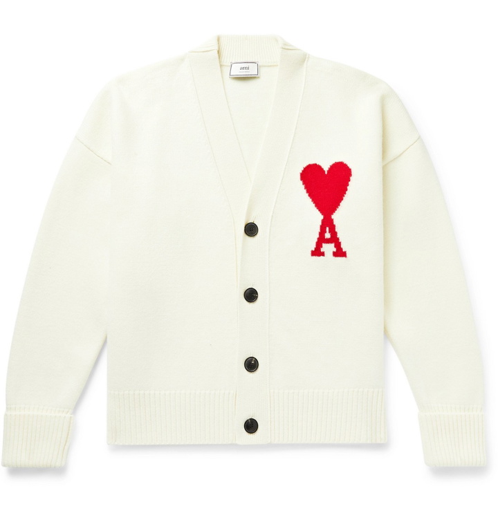 Photo: AMI PARIS - Logo-Intarsia Mélange Merino Wool Cardigan - Neutrals