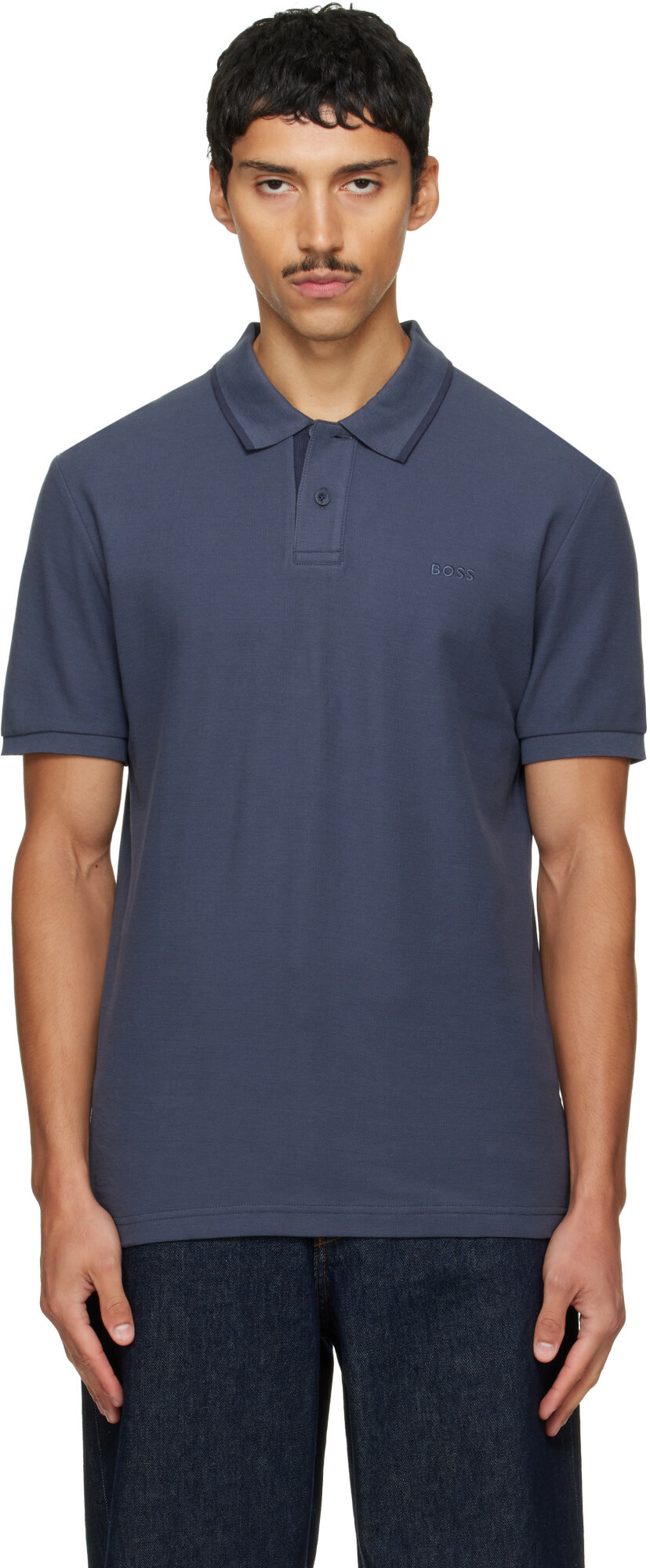 BOSS Navy Regular-Fit Honeycomb-Structured Cotton Pique Polo