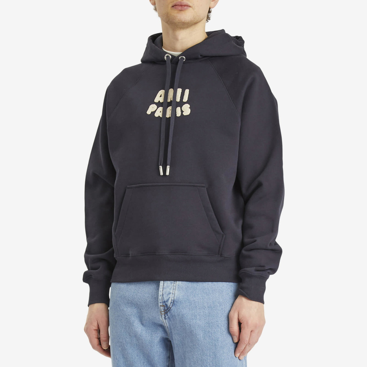 AMI Paris Men's Woven Ami Logo Jersey Hoodie in Navy Blue AMI