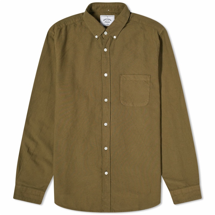 Photo: Portuguese Flannel Men's Belavista Button Down Oxford Shirt in Olive
