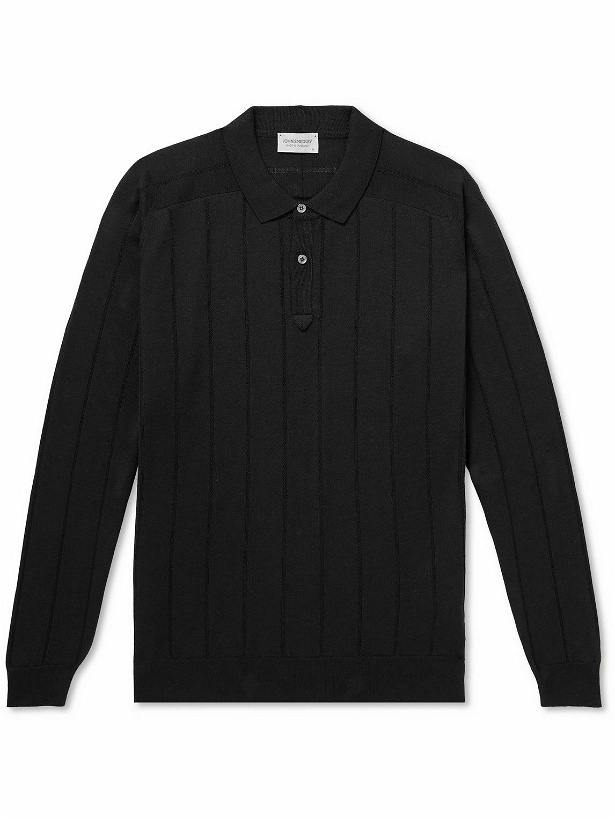 Photo: John Smedley - Slim-Fit Ribbed Merino Wool Polo Shirt - Black