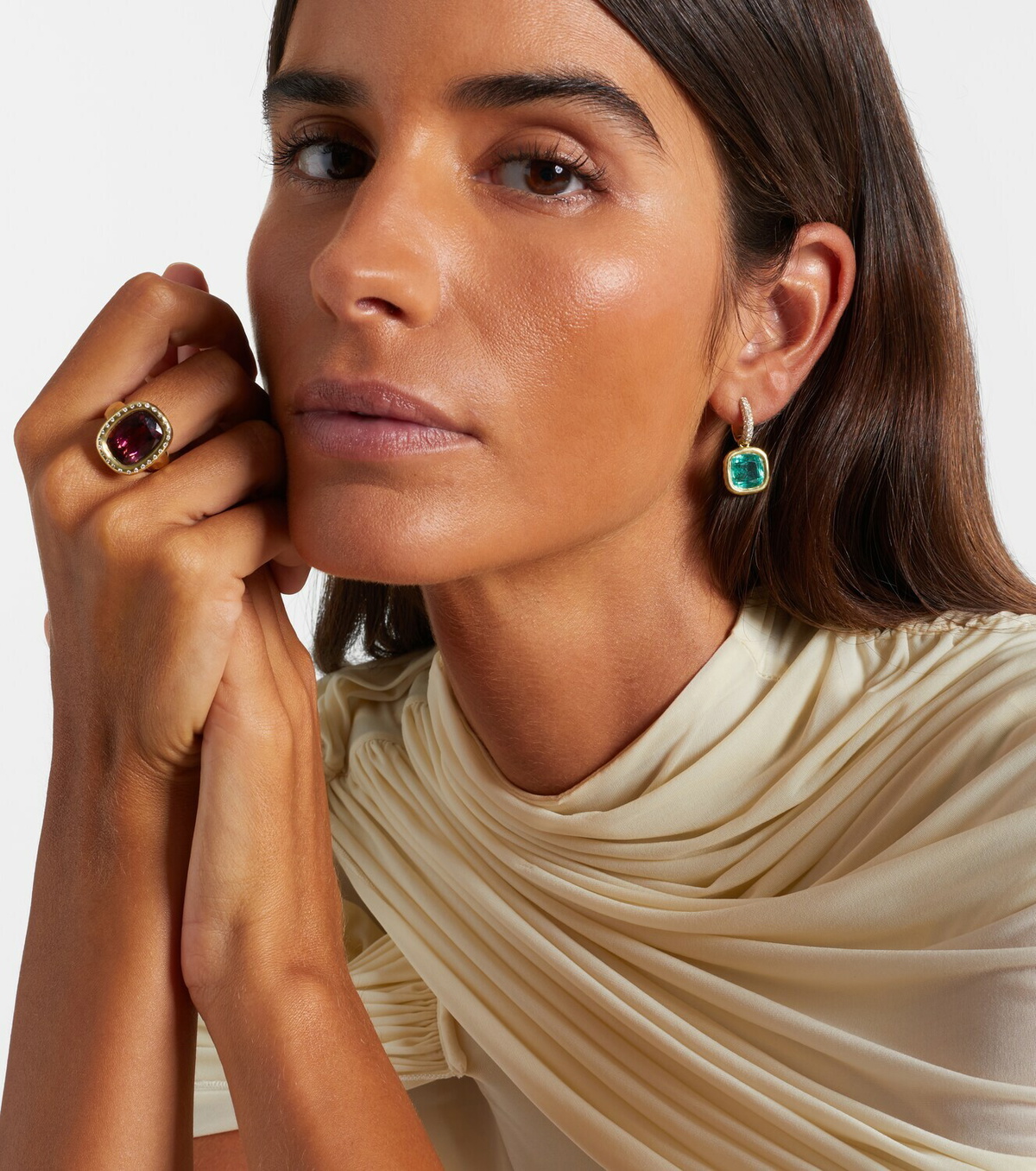 Octavia Elizabeth 18kt gold huggie earrings with emeralds and diamonds