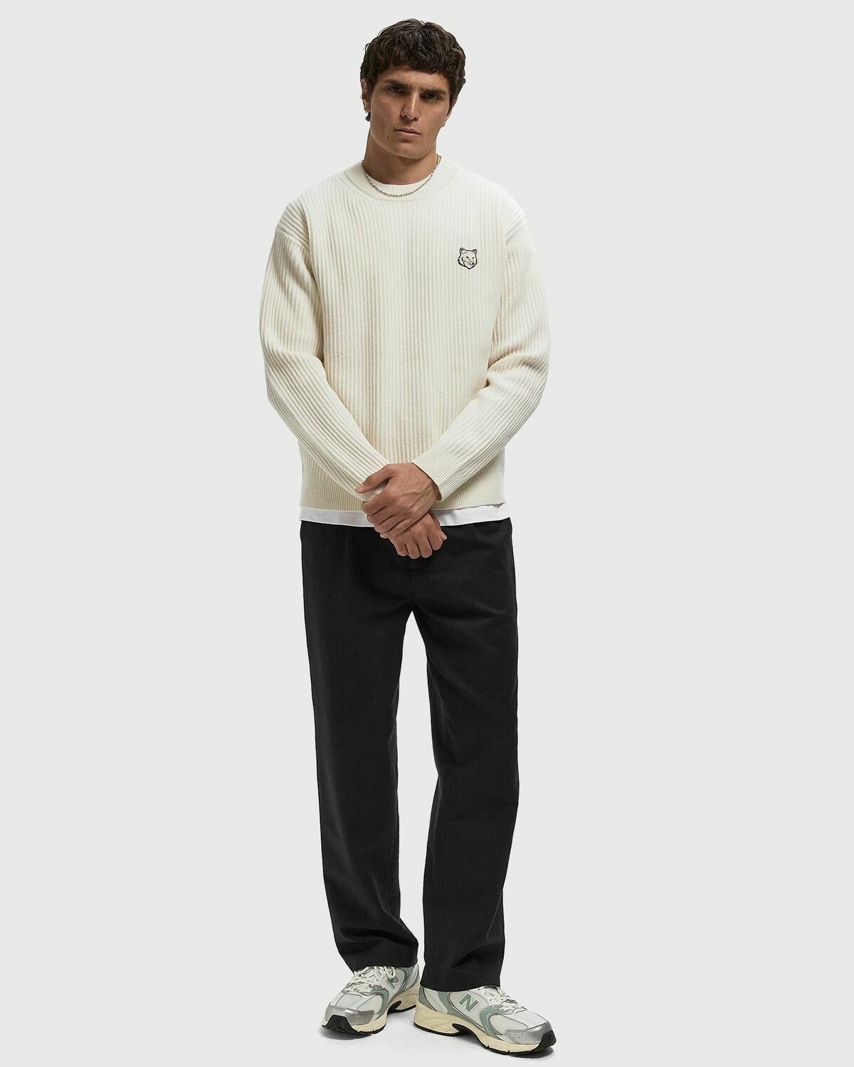 Maison Kitsune FOX HEAD WOOL RIBBED JUMPER Beige Mens Pullover