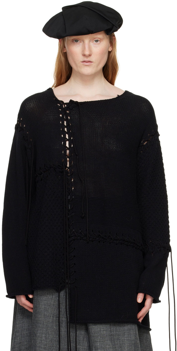 Y's Black Lace-Up Sweater