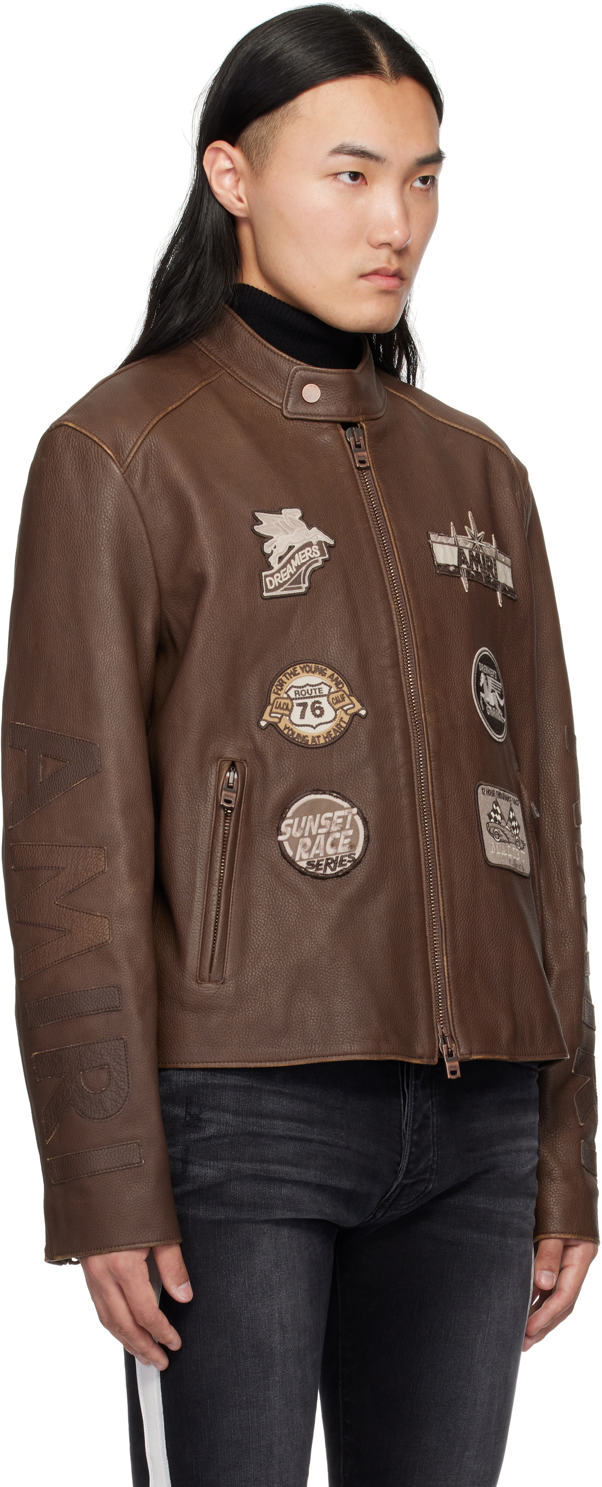AMIRI Brown 'AMIRI' Patch Racer Leather Jacket Amiri