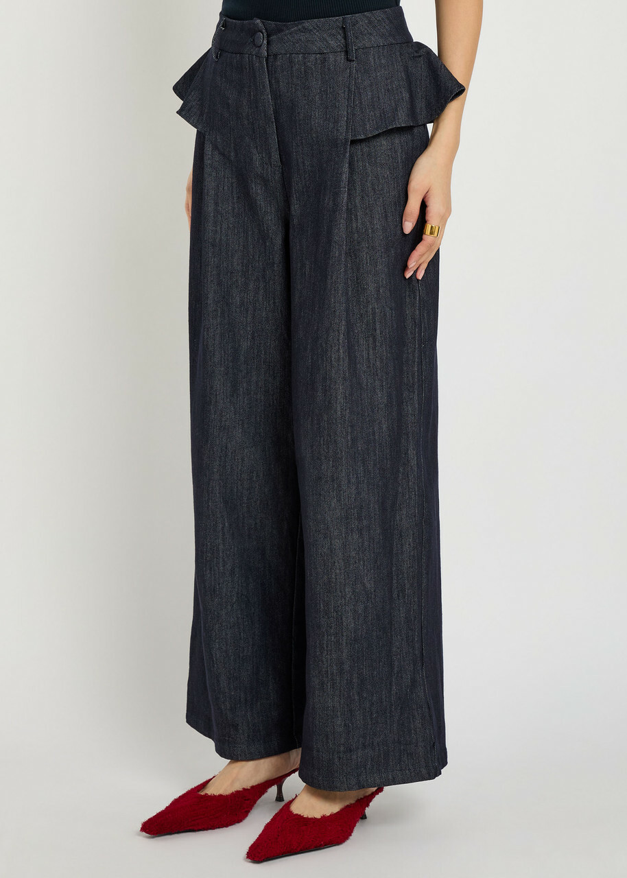 Sister Jane Curio Ruffled Wide-leg Denim Trousers