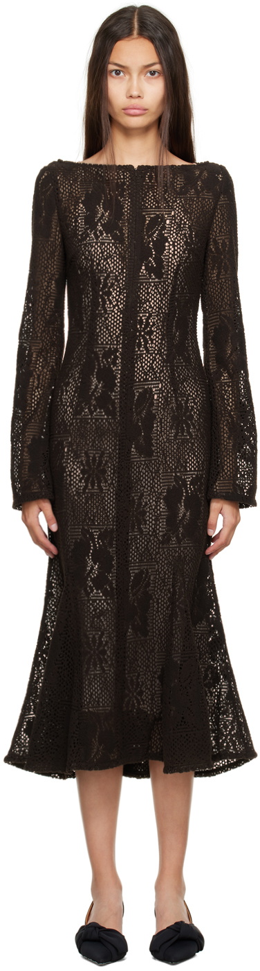 JUNEYEN Brown Hollow Out Flared Midi Dress