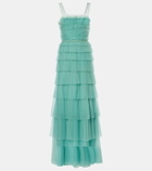 Costarellos Kali embellished tulle-trimmed plissé gown
