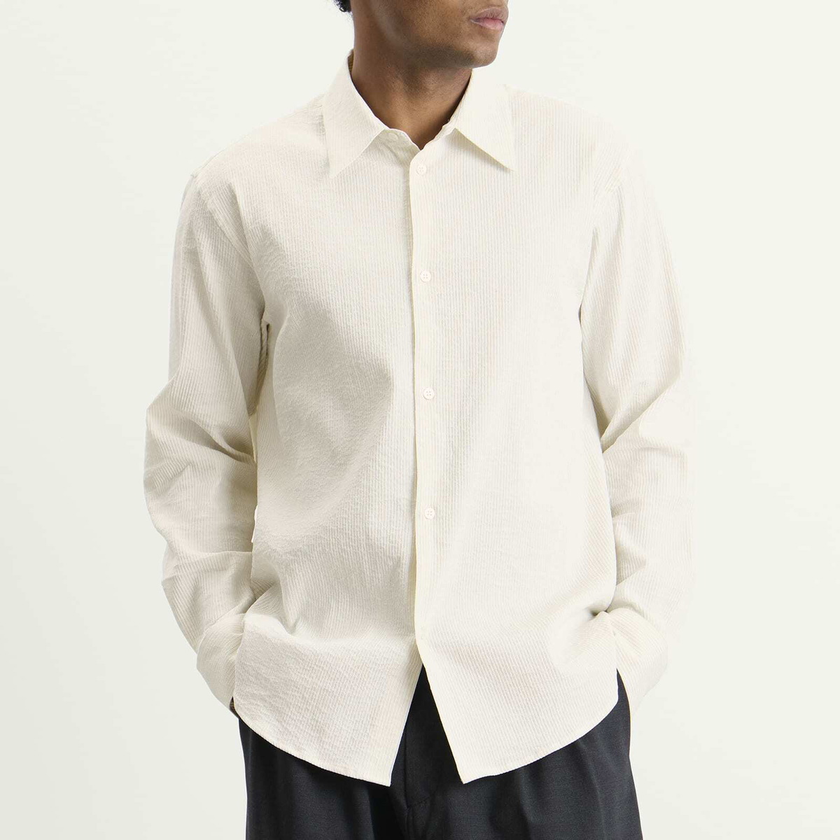 Studio Nicholson Men's View Regular Fit Shirt in Parchment/Black Stripe