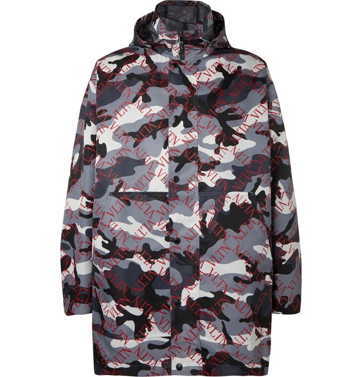 Photo: Valentino - Logo and Camouflage-Print Shell Hooded Coat - Gray