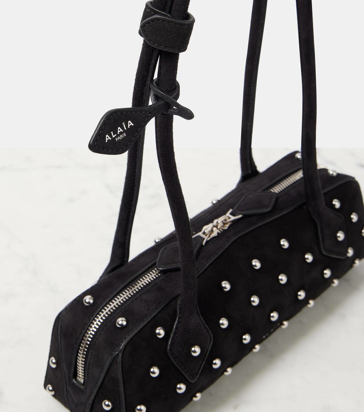 Alaïa Le Teckel Small studded suede shoulder bag