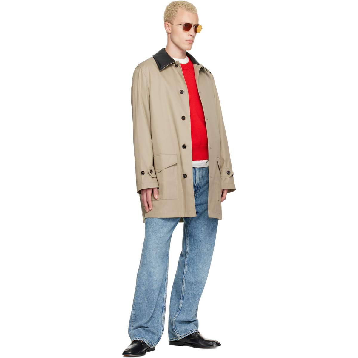 Burberry Beige Mid-Length Leather Collar Meadowbank Car Coat