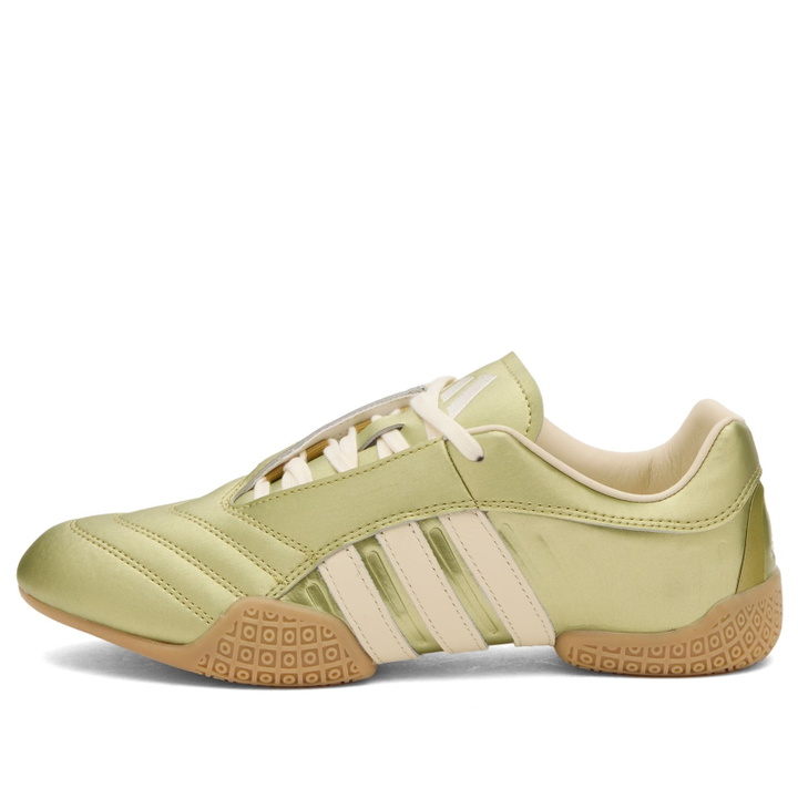 Photo: Adidas Women's Taekwondo Mei Elite Sneakers in Gold Metallic/Cream White/Gum