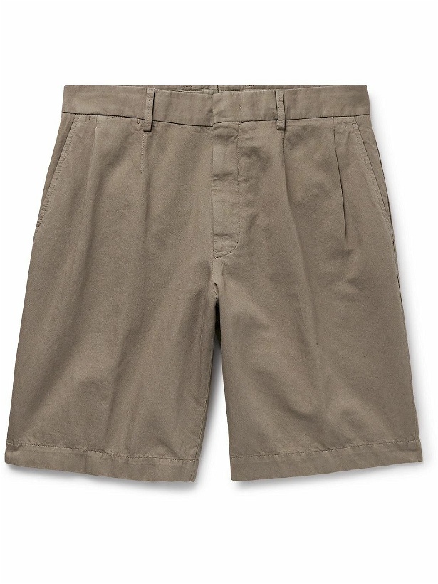 Photo: Zegna - Straight-Leg Pleated Cotton and Linen-Blend Shorts - Brown
