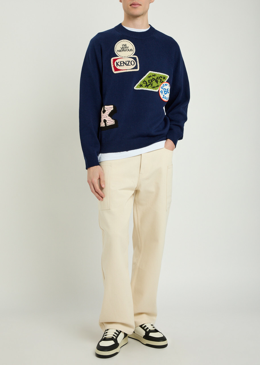 Kenzo Badges Appliquéd Cotton and Wool-blend Jumper Navy