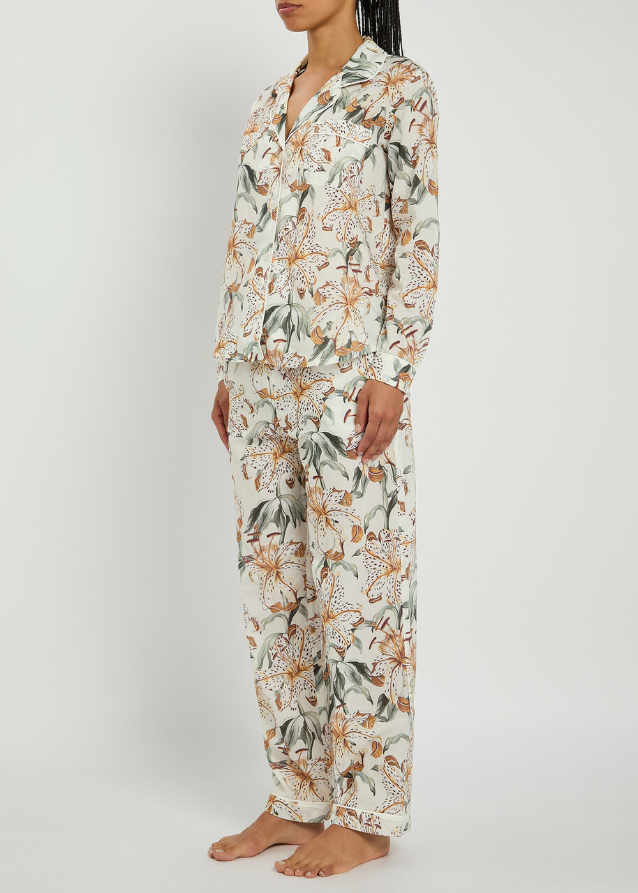 Desmond & Dempsey Floral-printed Cotton Pyjama set Cream