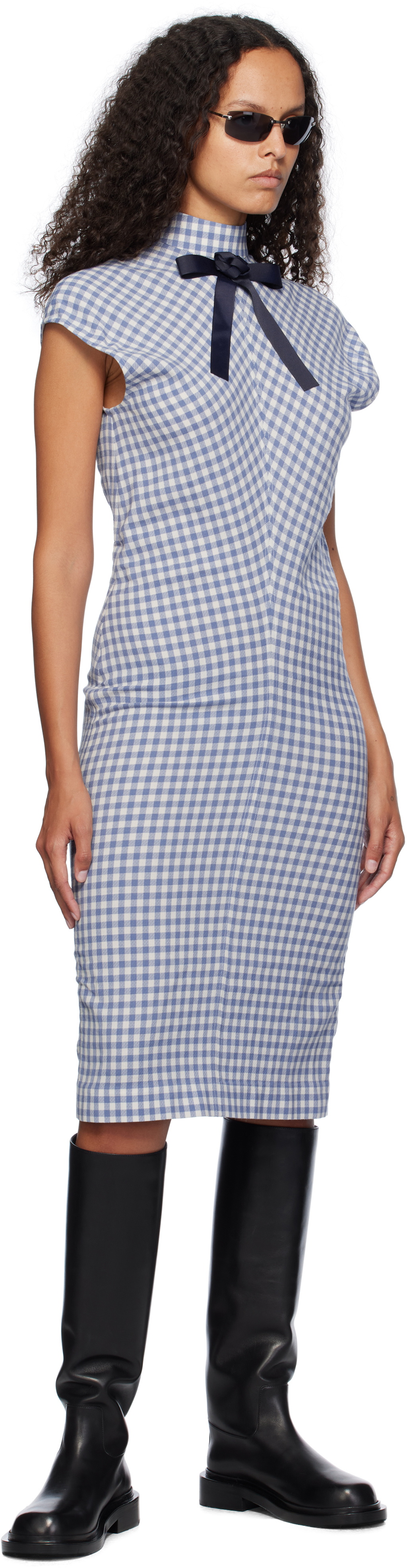 AO Yes Blue & White Ribbon Tie Bias Cut Midi Dress