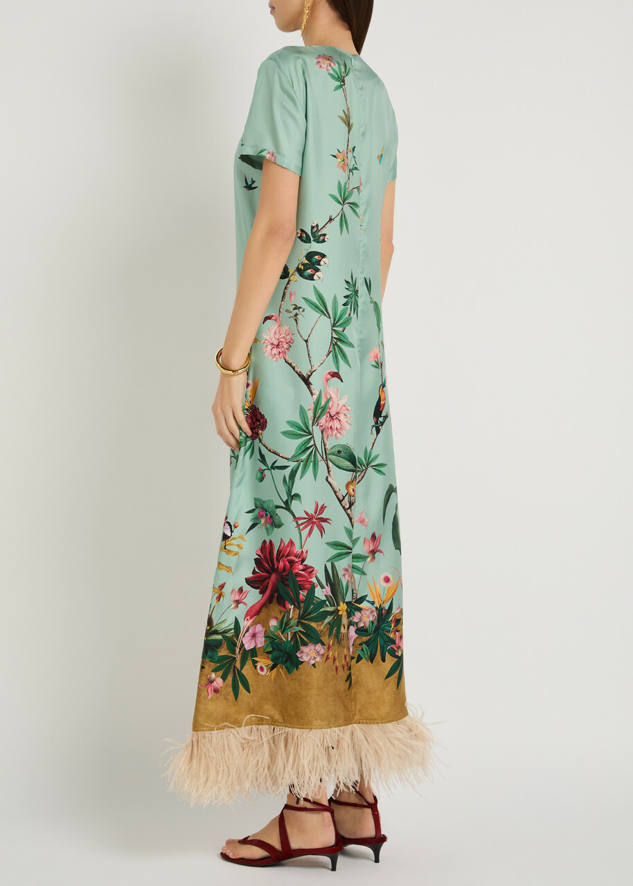 LA Double J Swing Floral-print Feather hem Silk Maxi Dress Blue