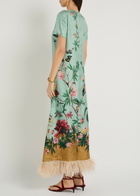 LA Double J Swing Floral-print Feather hem Silk Maxi Dress Blue