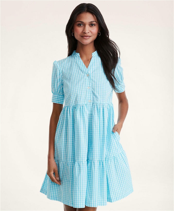 Photo: Brooks Brothers Women's Cotton Tiered Gingham Dress | Aqua