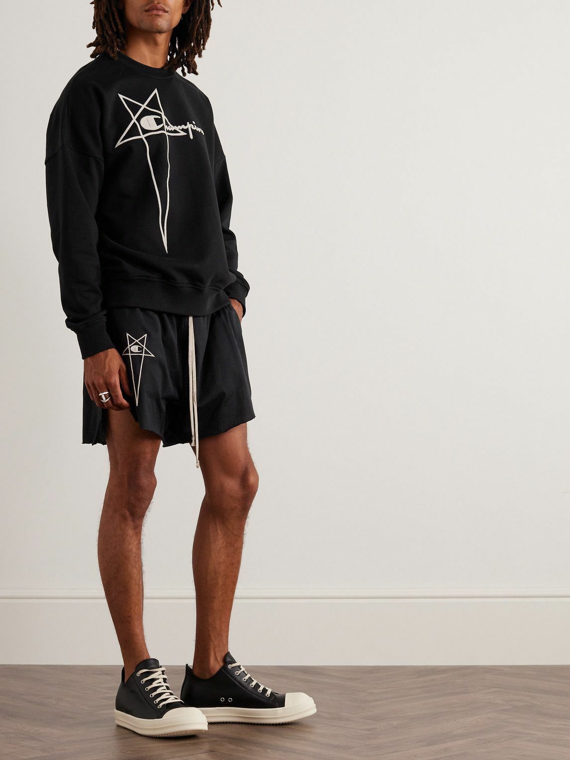 Rick Owens Champion Dolphin Straight Leg Organic Cotton Jersey Drawstring Shorts Black Rick Owens