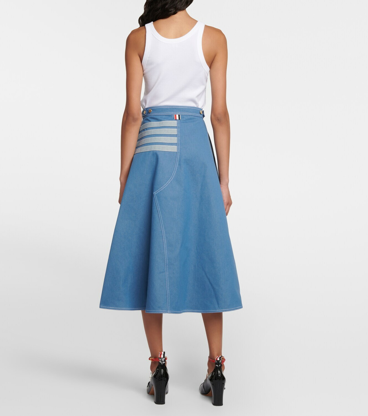 スカート THOM BROWNE Women Mid Skirts FGCA32AF0932 415 BLUE Thom Browne 4-bar denim midi skirt Thom Browne