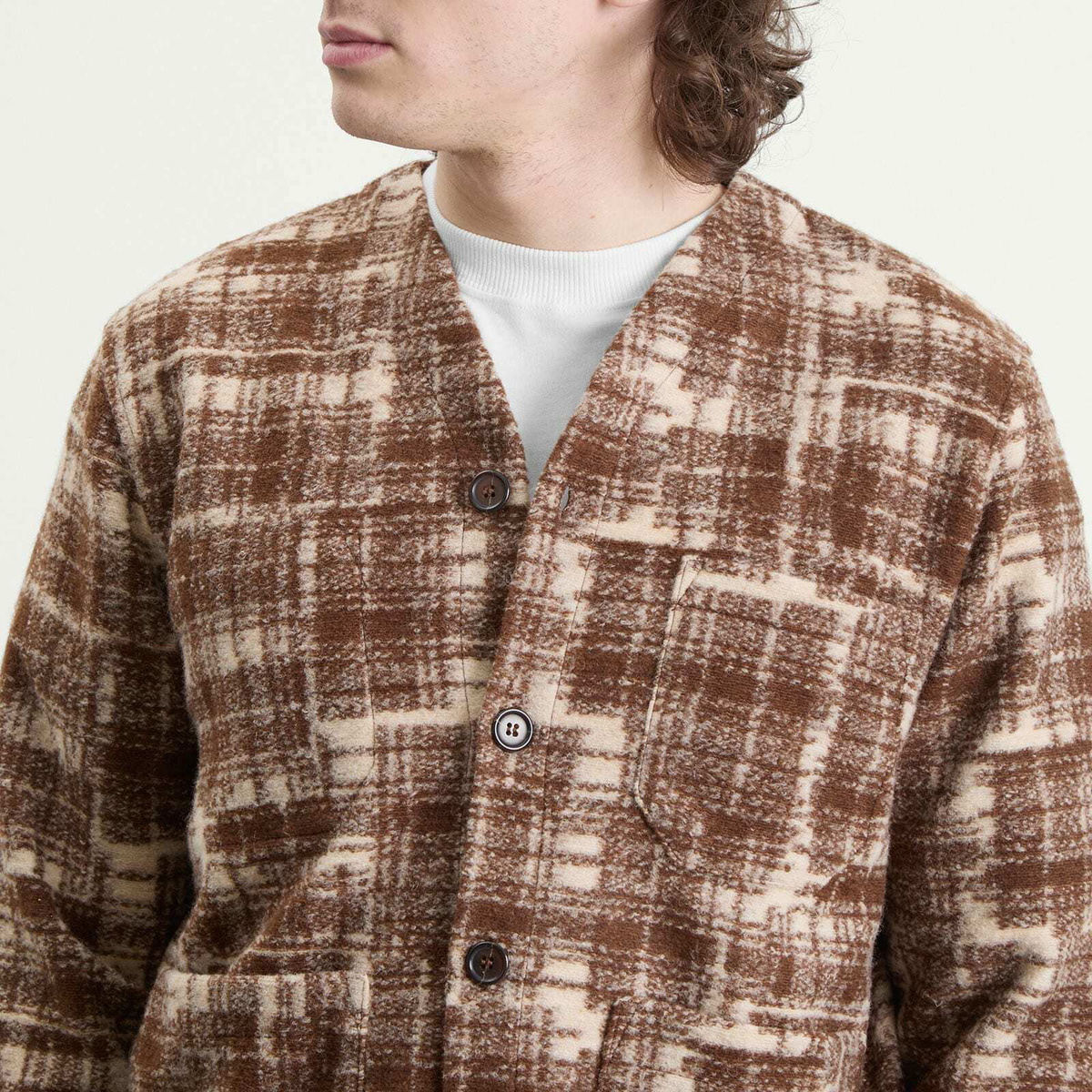 Universal Works Men's Patch Check Fleece Cardigan in Sand