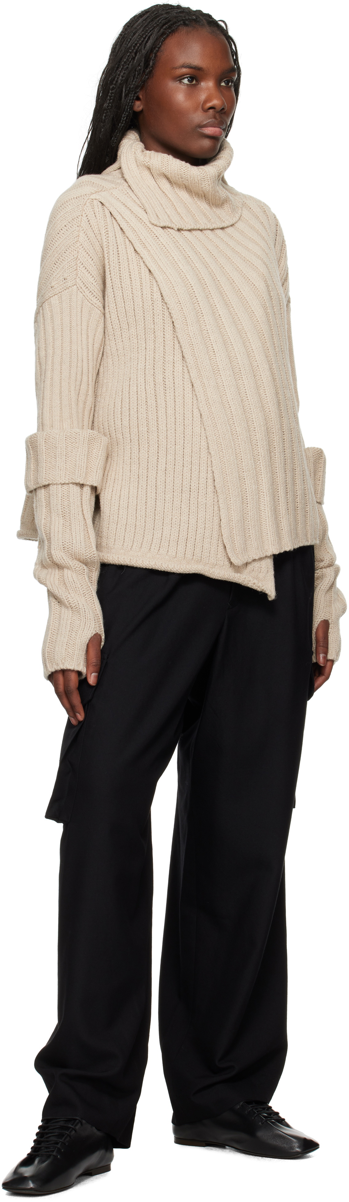 Y's Beige Rib Finger Hole Turtleneck