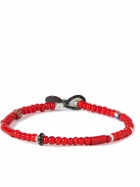Mikia - White Hearts Silver, Puka Shell and Cord Beaded Bracelet - Red