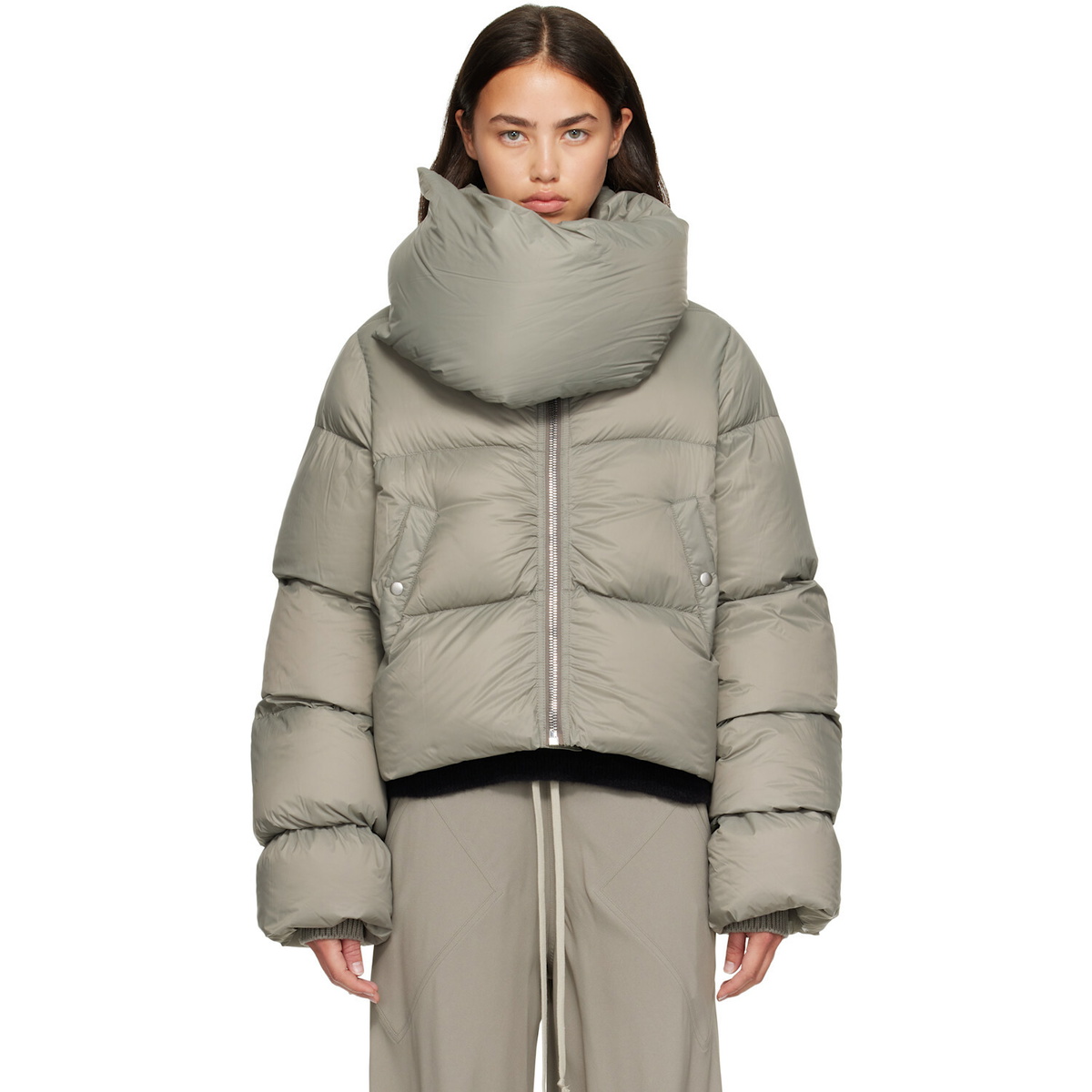 Rick Owens Gray Tower Funnel Neck Down Jacket