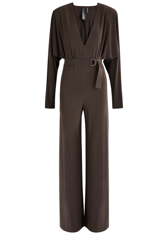Photo: Norma Kamali Belted Wide-leg Stretch-jersey Jumpsuit Dark Brown