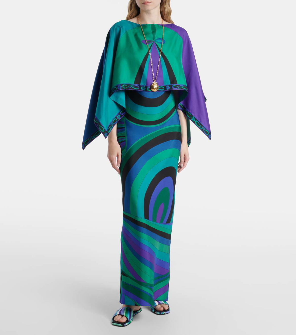 Pucci Iride printed cape-detail silk maxi dress