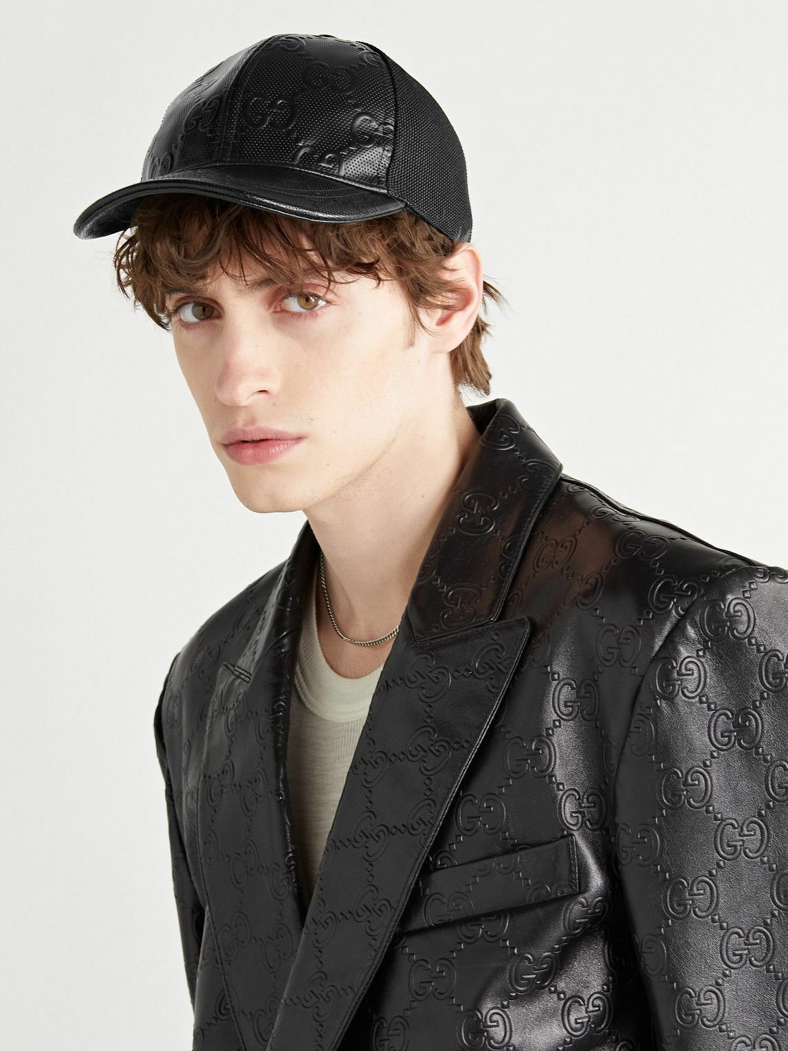 GUCCI Logo-Embossed Leather and Mesh Baseball Cap for Men