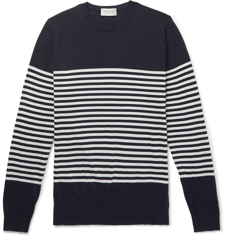 Photo: John Smedley - Striped Sea Island Cotton Sweater - Blue