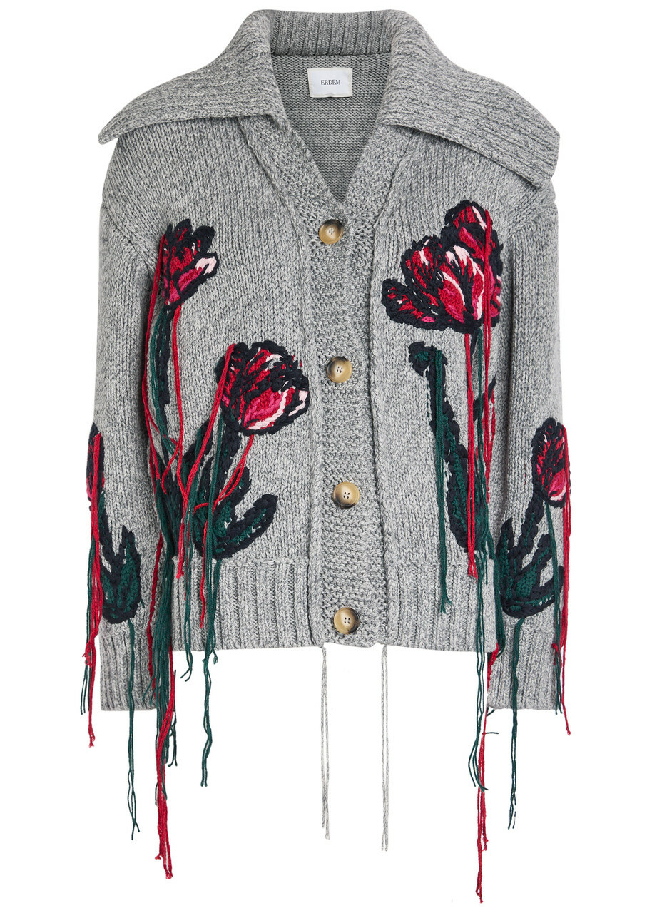 Erdem Embroidered Wool and Cotton-blend Cardigan Grey