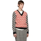 Gucci Red and Black Wool Jacquard V-Neck Sweater
