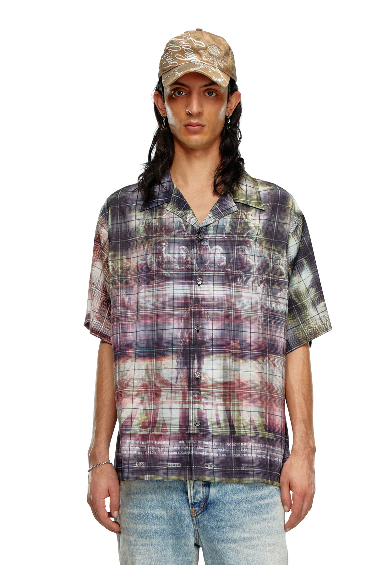Diesel Short-sleeve check shirt with poster print - Shirts Mens in 