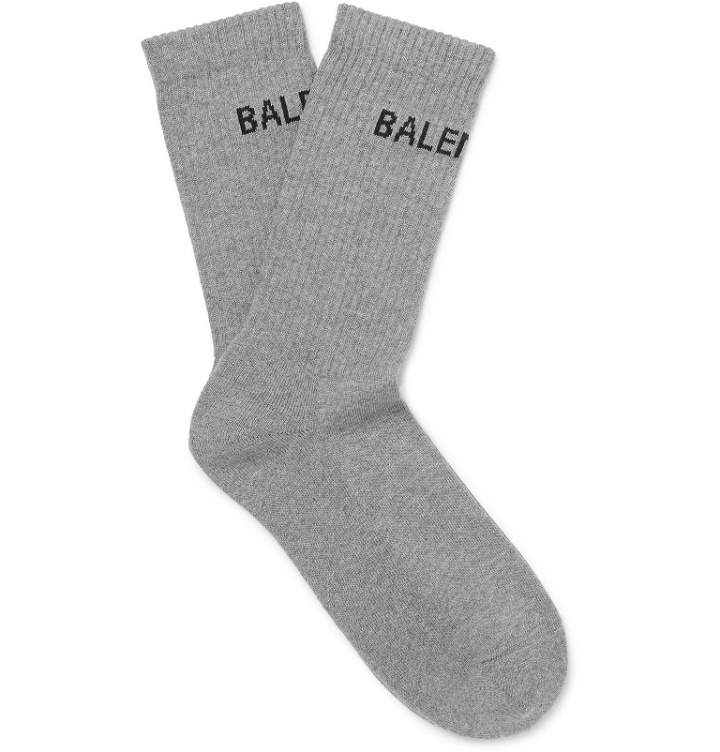 Photo: Balenciaga - Logo-Intarsia Stretch Cotton-Blend Socks - Gray