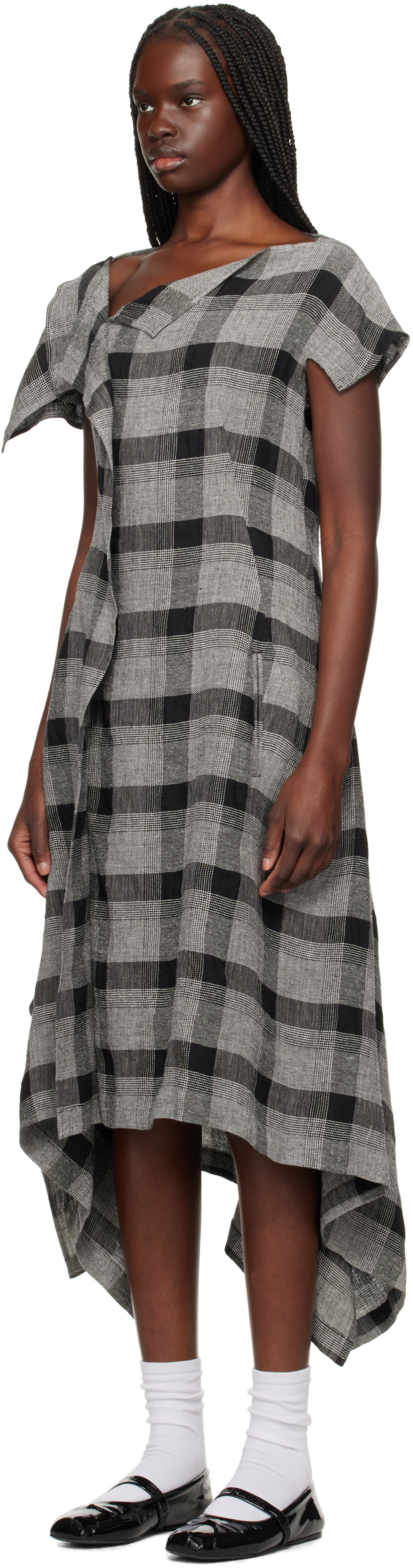 Y's Black & Gray U-Handkerchief Hem Midi Dress