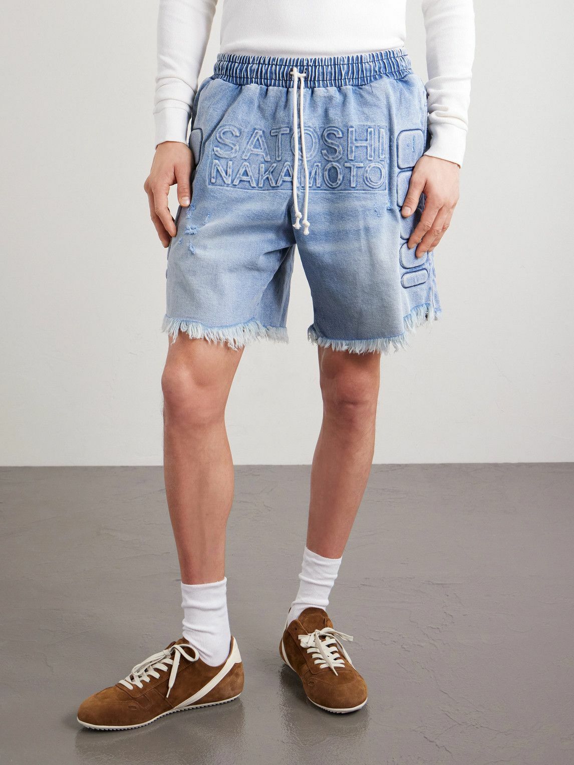 Satoshi Nakamoto - Straight-Leg Fringed Padded Denim Shorts - Blue