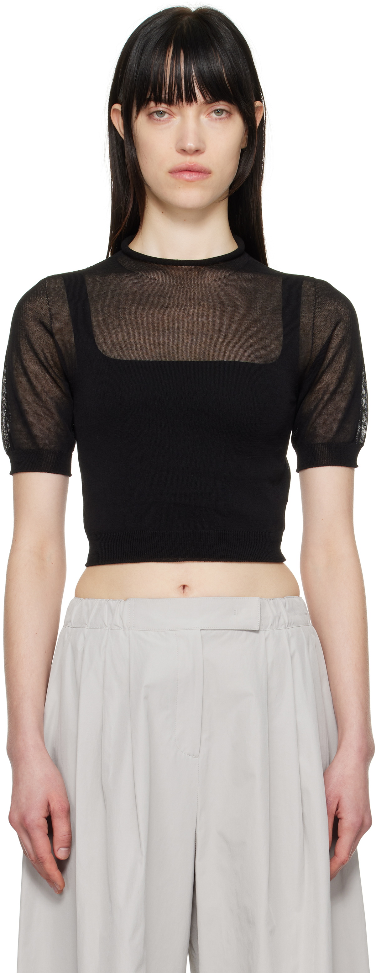 Black Sheer Cropped Knit Sweater by AMOMENTO on Sale