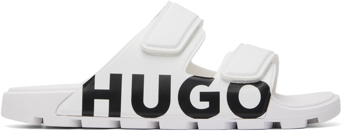 Hugo White Double Touch-Closure Straps Logo Sandals