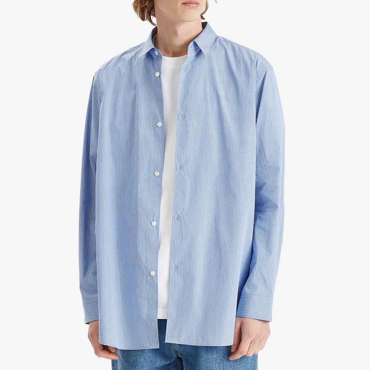 Róhe Men's Stripe Long Sleeve Shirt in Light Blue/White