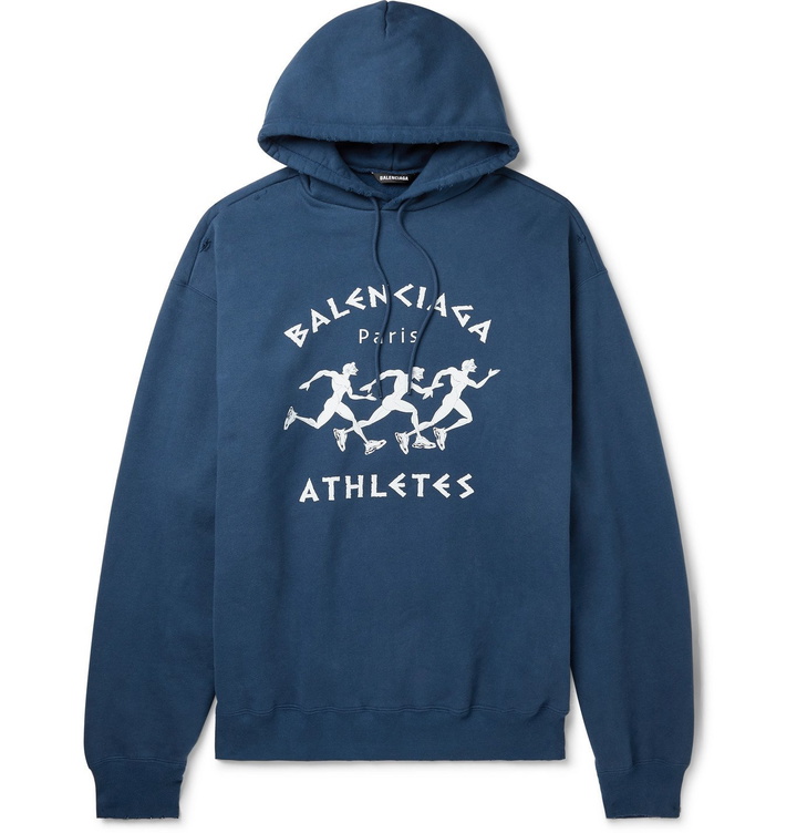 Photo: BALENCIAGA - Oversized Printed Fleece-Back Cotton-Jersey Hoodie - Blue