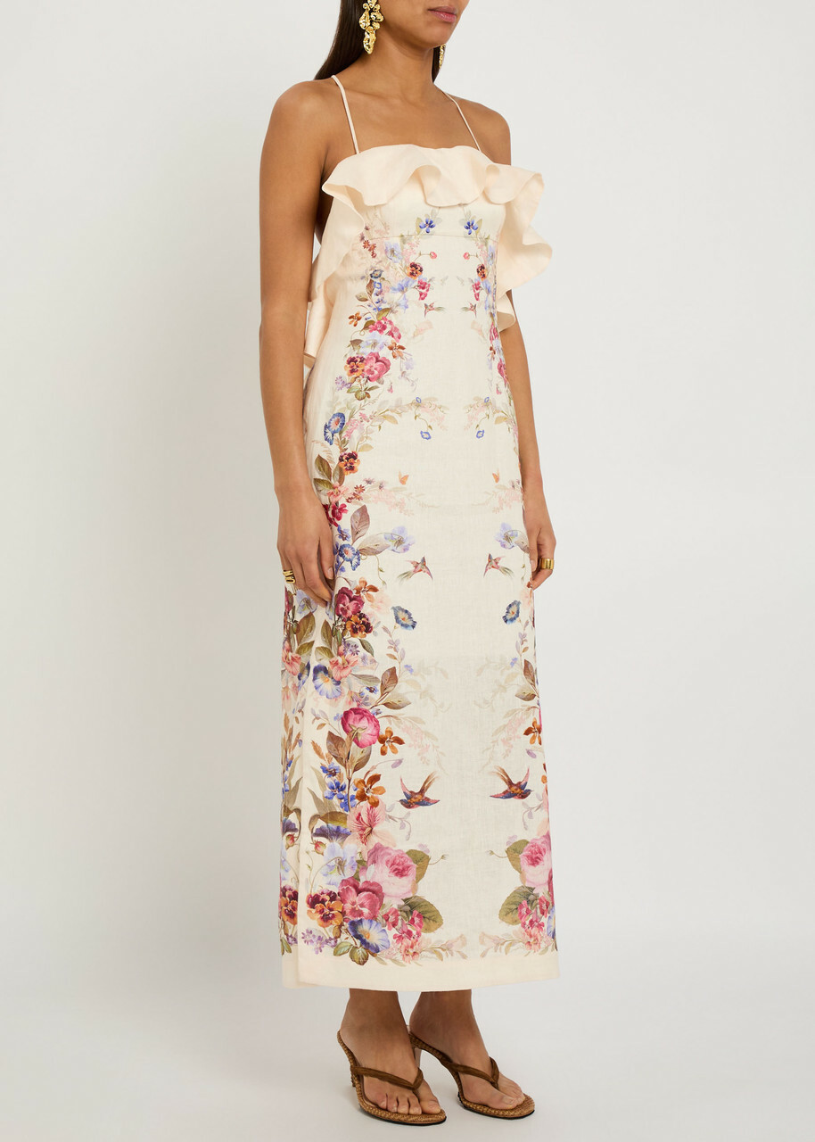 Zimmermann Patience Ruffled Floral Linen Midi Dress Cream