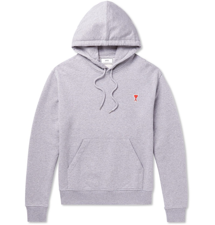 Photo: AMI - Logo-Appliquéd Mélange Loopback Cotton-Jersey Hoodie - Gray