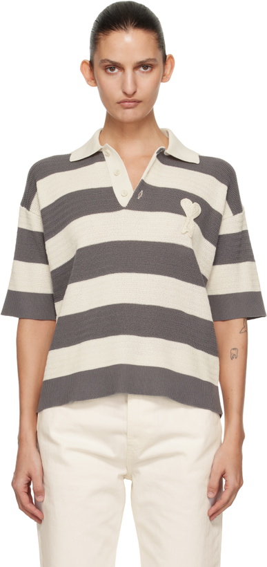 Photo: AMI Paris Off-White & Gray Short Sleeves 'Ami de Coeur' Polo