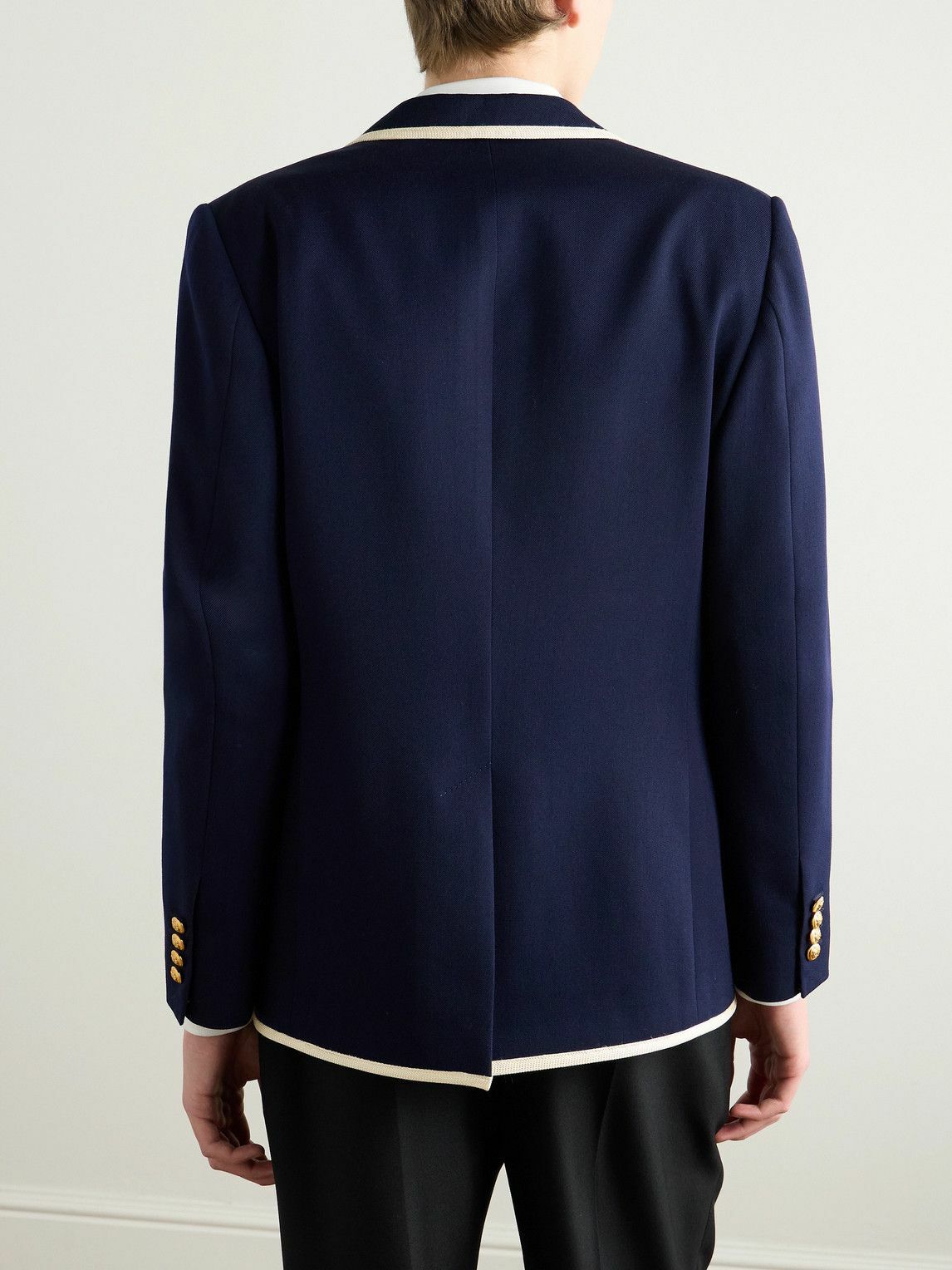 CELINE - Slim-Fit Logo-Appliquéd Piped Wool-Twill Blazer - Blue