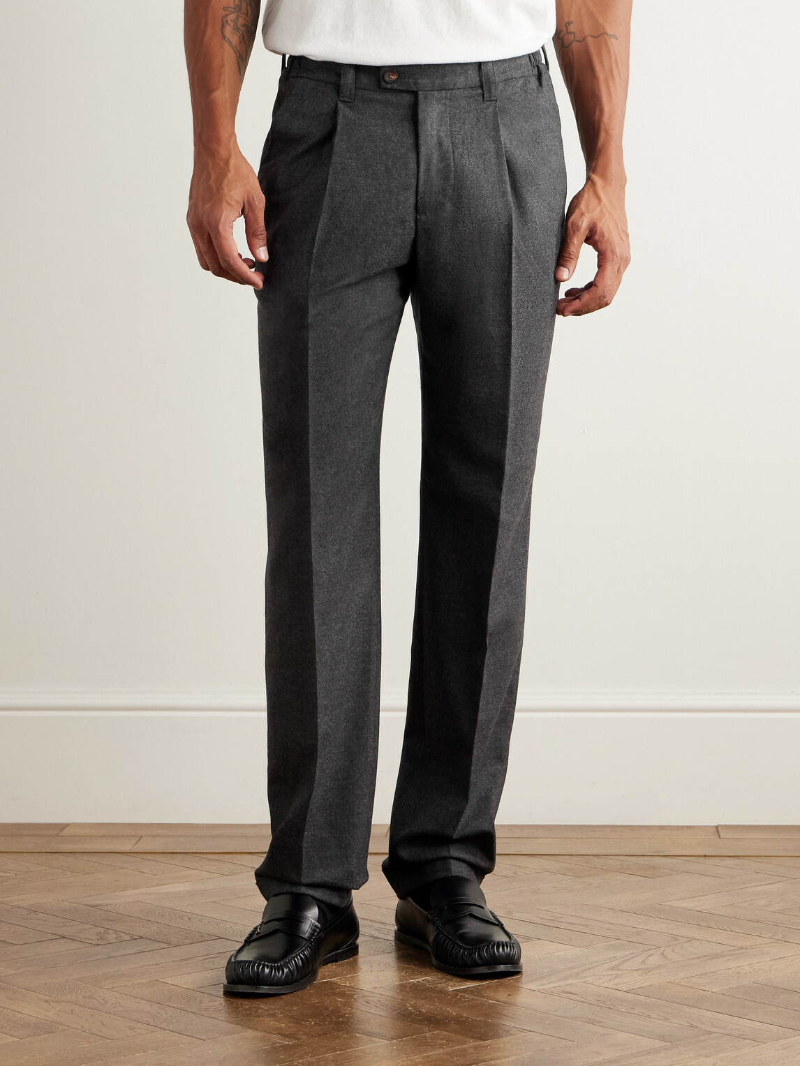 Thom Sweeney - Straight-Leg Pleated Wool-Blend Flannel Trousers - Gray