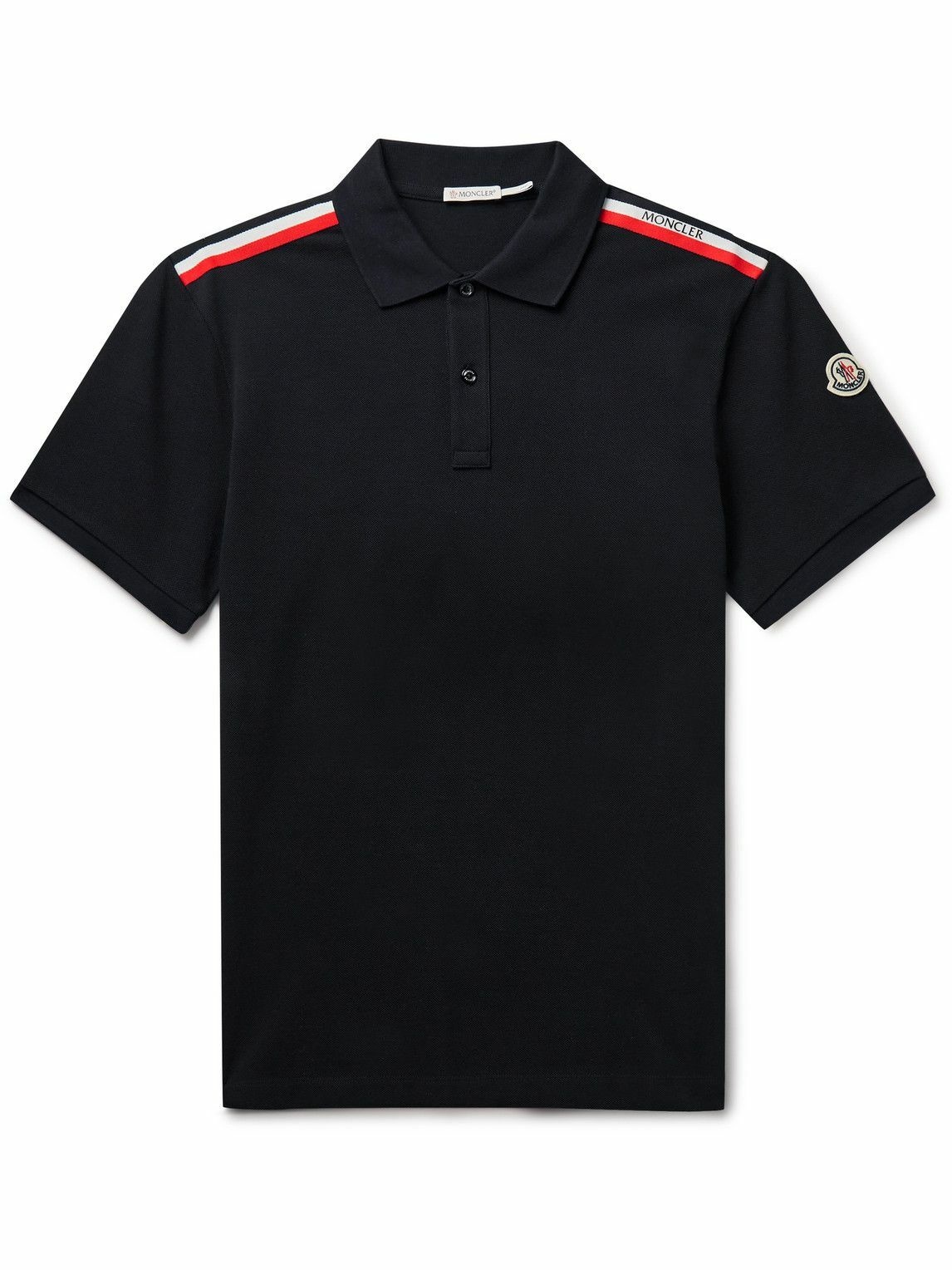 Photo: Moncler - Logo-Appliquéd Webbing-Trimmed Cotton-Piqué Polo Shirt - Blue